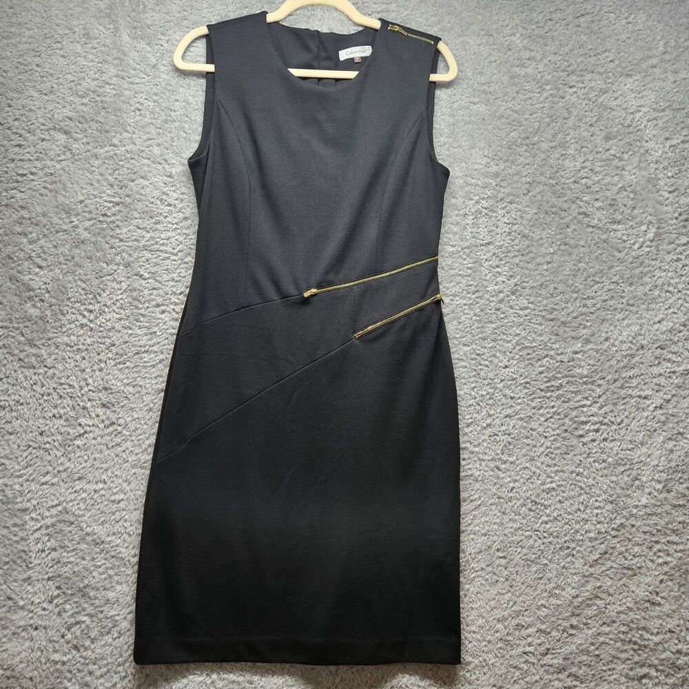 Calvin Klein Womems Black Sheath Dress Size 6 Gold Zipper Detail Event Career